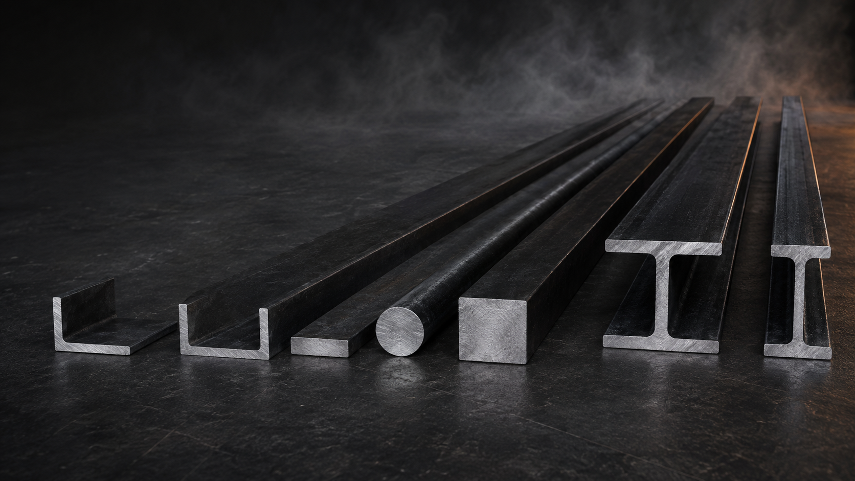 Structural steel angle, channel, flat, round, square, H-beam and I-beam profiles